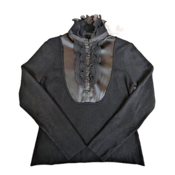 57 Collection Women's Ribbed Sweater With Ruffle and Silk Front Panel - Picture 10 of 10